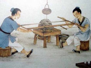 Enrolador de cabos e fios na industria antiga na China.